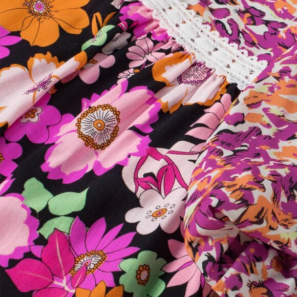 🌹 Rose Red Bubble Sleeve Lace Trim Floral Mixed Print Blouse - Picture 11 of 14